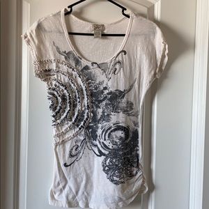 White with grey screen print floral design.